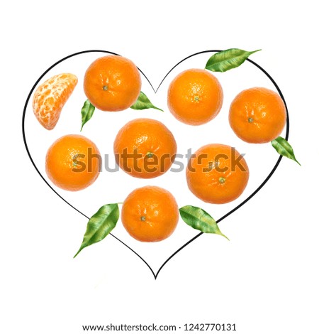 Fruit composition with fresh mandarin and cartoon cute doodle drawing elements on isolated white background. Creative minimalistic food concept.