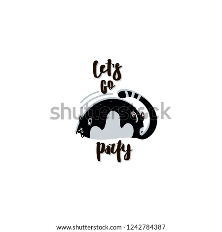 Fat cute cat. Flat hand drawn vector card with handwritten lettering quote - let's go party . Sketch kitten. Isolated cartoon illustration.