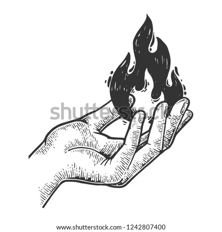 Fire in hand engraving vector illustration. Scratch board style imitation. Black and white hand drawn image.