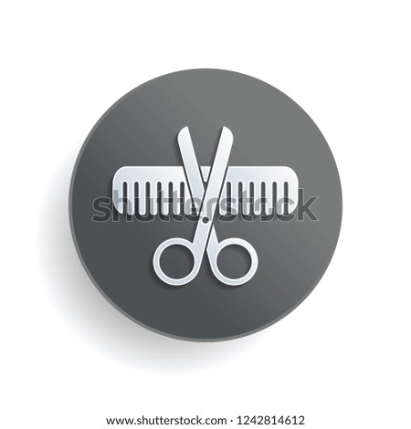Scissors and hair brush. Crossed tools of barber. White paper symbol on gray round button or badge with shadow