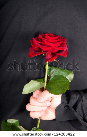 Picture a man holding a red rose behind his back