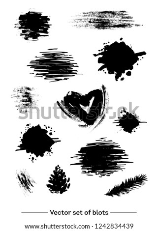 Vector set of blots black ink brush drops strokes textures isolated in white