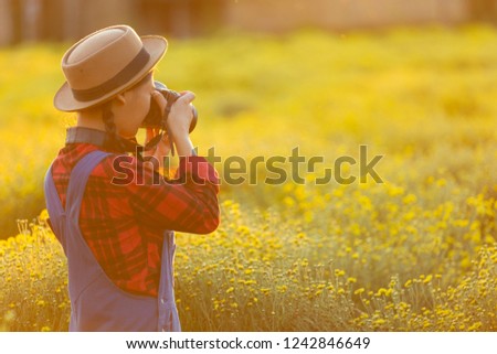 Woman photography take photo in the cosmos flower graden at sunset time.