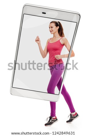 Running fit fitness sport model jogging smiling happy isolated on white background. conceptual collage with device. On the front side, the original elements are transferred or removed.
