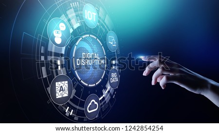 Digital Disruption. Disruptive business ideas. IOT internet of things, network, smart city and machines, big data, cloud, analytics, web-scale IT, Artificial intelligence, AI. Royalty-Free Stock Photo #1242854254