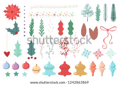 Christmas decorative elements. Holly berry leaves, poinsettia flower, snowflakes, ball, pine cone, bell, hearts. Vector flat hand drawn simple icons set isolated on white background.