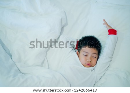 asian boy sleep on bed, kid sick, kid sleep
