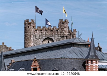 The Flemish Lion, or De Vlaamse Leeuw flies on the Castle of the Counts, City of Gent, in Flanders, Belgium.