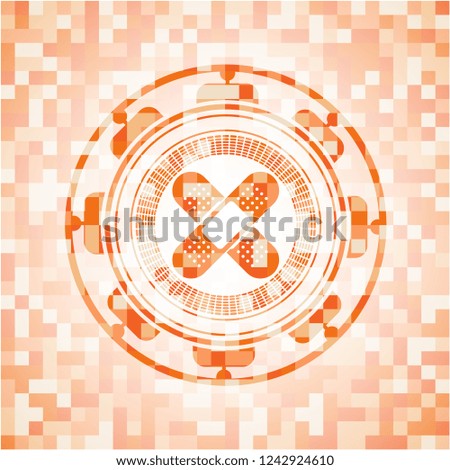 crossed bandage plaster icon inside abstract emblem, orange mosaic background