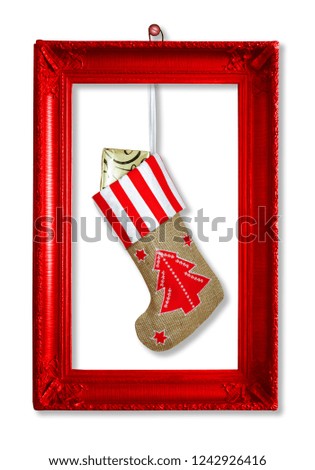 Santa Claus's New Year sock with gifts, toys and serpentine on  white isolated background
