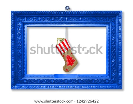 Santa Claus's New Year sock with gifts, toys and serpentine on  white isolated background