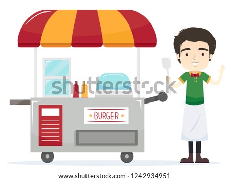 Illustration of a Man Working as a Vendor Standing Next to His Burger Cart Waving and Holding a Spatula