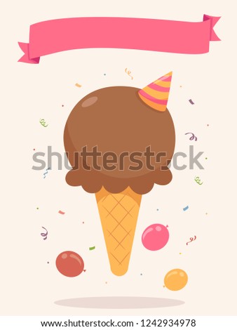 Illustration of a Birthday Party Ice Cream with Small Party Hat, Balloons, Confetti and Blank Ribbon