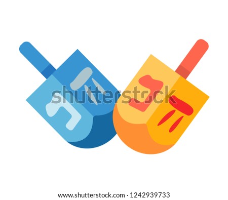 Traditional quadrangle toy for kids - wooden dreidels, for games during the Jewish holiday of Hanukkah, with lettering with Hebrew alphabet, dedicated to the Jews on Hanukkah. Vector illustration.