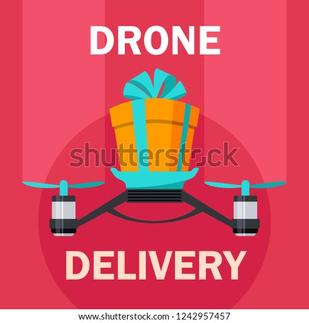 Drone with gift box with bow. Drone delivery present. Modern delivery of gifts for Christmas or New Year. Concept of Fast Express Delivery for Event