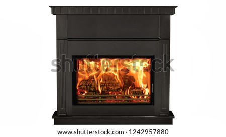 Burning black fireplace isolated on white background.