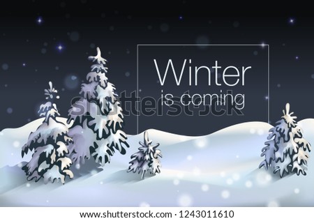 Winter background with snowdrift and fir trees in vector. Banner, winter scene, winter sales, blizzard, snow, winter is coming, snowflakes.