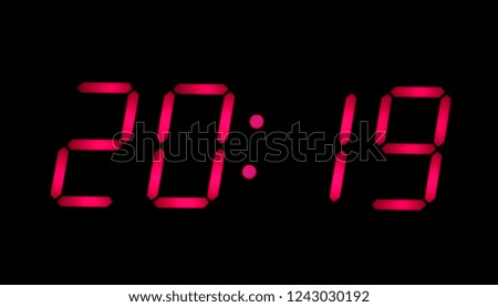 New year 2019 digits as time. Big red arabic numerals on electronic watch