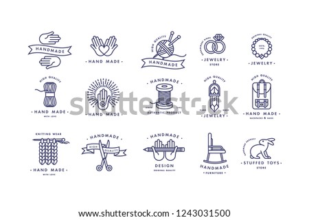 Handmade colorful line logos set. Handmade linear badges or handmade outline labels. Knitwear and sewing symbols. Vector illustration Royalty-Free Stock Photo #1243031500
