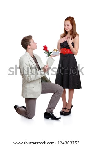  Boyfriend generously girl give roses isolated on white background