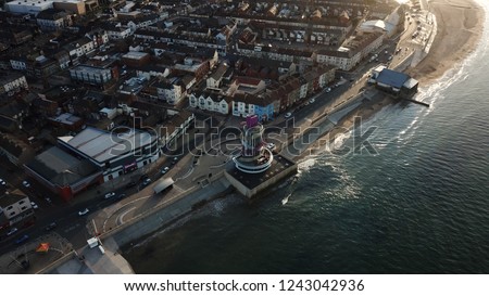 the town of redcar featuring the coast and the redcar beacon from the air