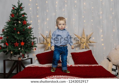 Little boy in the New Year's decor. New Year 2019.