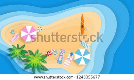 Paper art style.Top view of the island and the beach. there are Umbrellas, coconut trees, canoes, beach chair and beach equipment. Vector illustration.