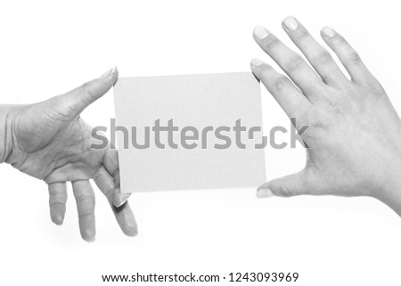in the hands of advertising card on a white background