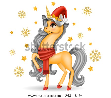 Xmas Pony Unicorn with Red Scarf, Hat and Hooves. Big Eyes, Long Gray Hair (Mane, Tail), Golden Horn, Stars, Snowflakes, Merry Christmas, Cartoon Character Hand Drawn Realistic Vector 3D Illustration
