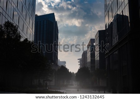 morning sky and business area with myst