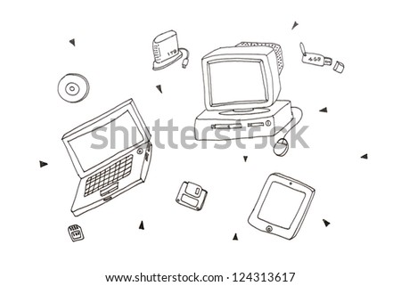 Hand draw doodle cute cartoon of Electronic and technology items on white background