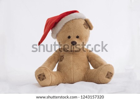 Teddy Bear with Christmas Hat sitting on white background