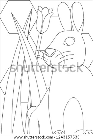 Coloring in page of a bunny next to a tulip flower 