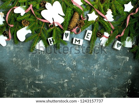 winter decor with green eco toys with copy space