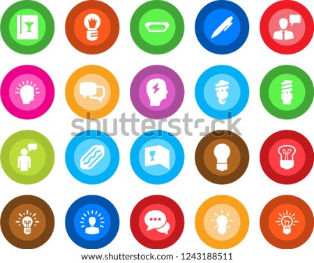 Round color solid flat icon set - speaking man vector, pen, brainstorm, bulb, dialog, wine card, hot dog, energy saving, shining head, idea