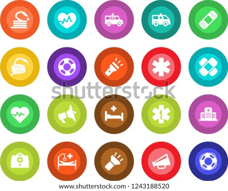 Round color solid flat icon set - hose vector, heart pulse, doctor case, patch, ambulance star, car, hospital bed, loudspeaker, torch, crisis management