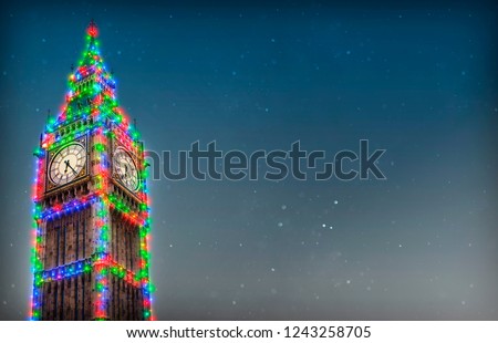 Big Ben Tower (London, UK) with Christmas lights. Copy space background for holiday card/wallpaper.