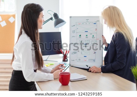 Two girls in the office discussing the project on a magnetic Board.