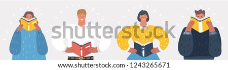 Vector cartoon illustration of reading people set on white background. Man and woman hold a book in their hands. Human character on white background.