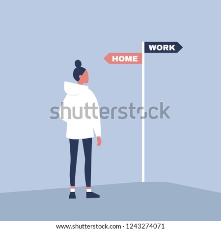 Young female specialist making a choice between the career and family. Navigating signpost showing the opposite directions. Decision making. Flat editable vector illustration, clip art