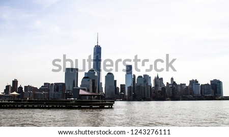 landscape of New Jersey skyline in USA, afternoon with sunlight taken from the river
