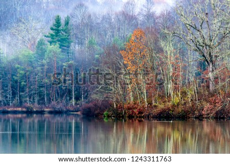 Misty autumn morning, Big Ditch Lake, Cowen, Webster County, West Virginia, USA