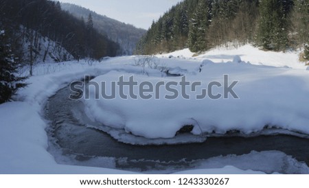 Winter Landscape  with a stream and fresh running ice water in a Valley in Romania in Transylvania
