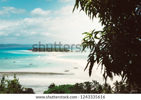 the beautiful Nosy Iranja island, tropical beach on a famous touristic island landmark, Madagascar. instagram filter