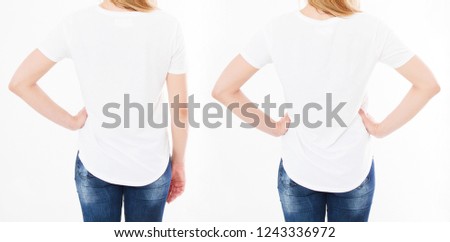 t shirt collage,set. Girl in white t-shirt, two women tshirt back view,blank