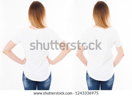 set back views two women in t shirt isolated on white background,collage girl in tshirt,blank,template