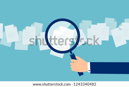 Crop hand of cartoon employer with magnifier looking through candidates resume in search  Royalty-Free Stock Photo #1243340482