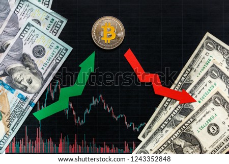 unprofitable investment of virtual money bitcoin. Green red arrow and silver Bitcoin on paper forex chart index rating go down on exchange market background. Concept of depreciation of cryptocurrency.