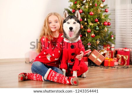 Portrait of happy five year old girl with long blonde curly hair wearing red knitted sweater sitting with her siberian husky pet friend in christmas carnival costume. Background, copy space, close up.
