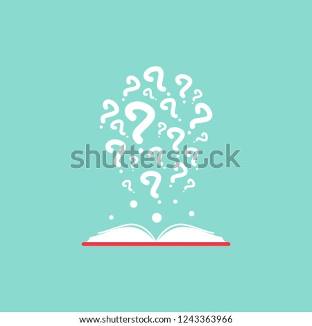 Open book with red book cover and white question marks. Isolated on turquoise background. Flat vector reading icon. Unknown book pictogram. Ask symbol. Curiosity logo.